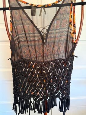 BKE Boutique Boho Festival Top Crochet Fringe Back Sheer Tribal Print Tank